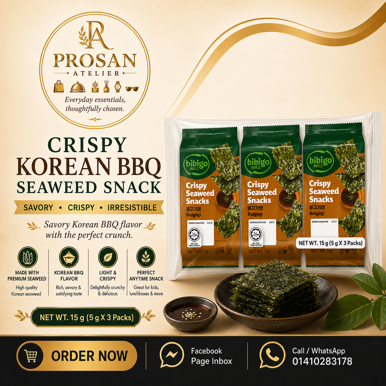 Crispy Korean BBQ Seaweed Snack (3 pack) 15g