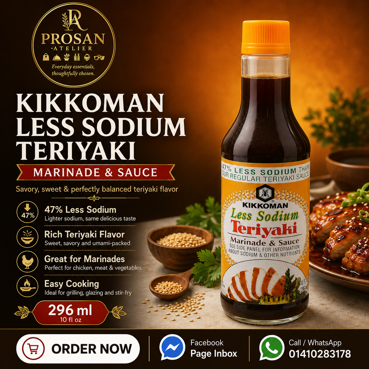 [Kikkoman] Teriyaki Less Sodium Marinade & Sauce 296ml