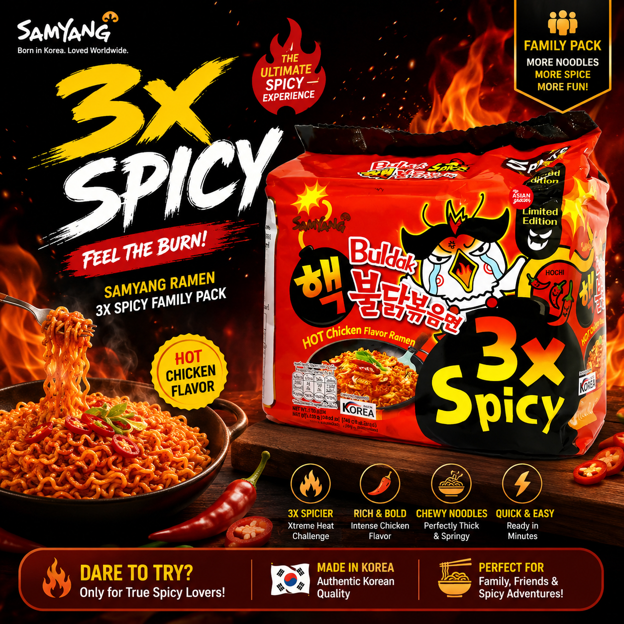 Samyang 3x Buldak Hot Chicken Ramen Halal Family Pack