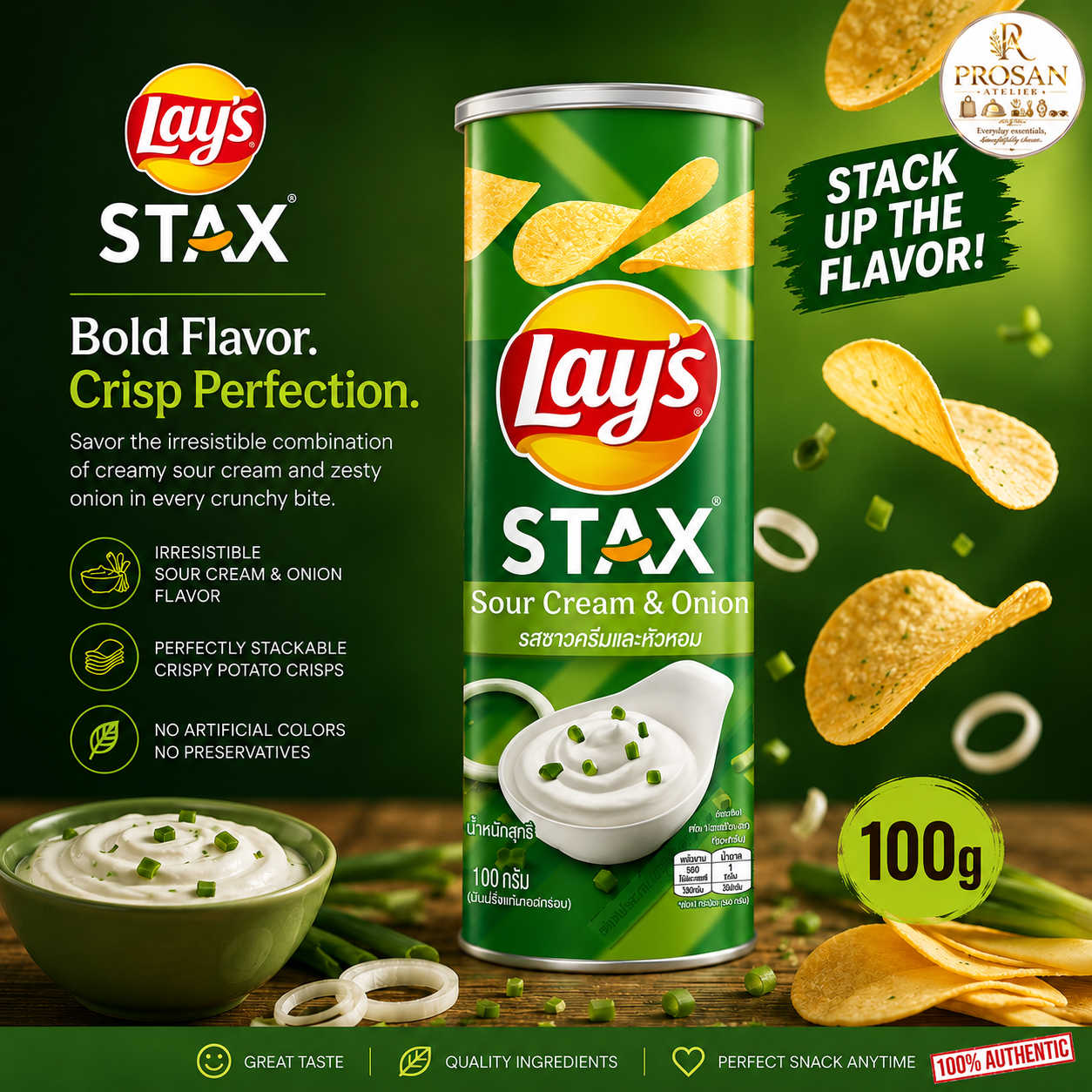 Lay’s Stax Sour Cream & Onion Potato Crisps 100g