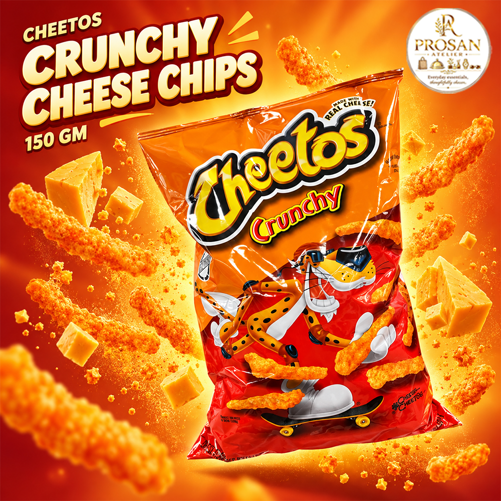 Bag of Cheetos Crunchy Cheese Chips 150g surrounded by cheese cubes and crunchy snacks