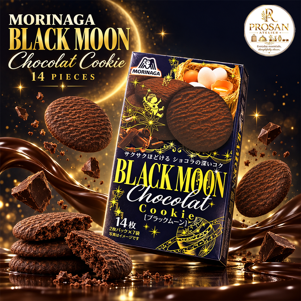 Box of Morinaga Black Moon Chocolat Cookies with dark cocoa biscuits and chocolate chunks