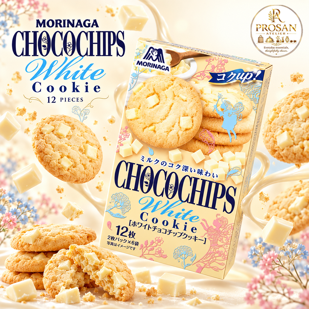 Box of Morinaga Chocochips White Cookies surrounded by white chocolate chunks and buttery biscuits