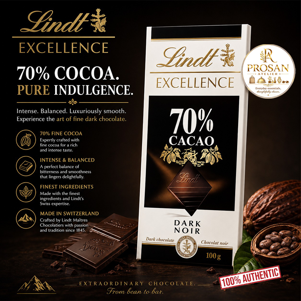 Premium package of Lindt EXCELLENCE 70 percent cocoa dark chocolate bar 100g