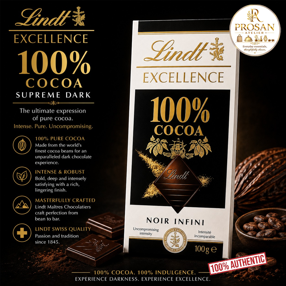 Package of Lindt EXCELLENCE 100 percent cocoa supreme dark chocolate bar 100g