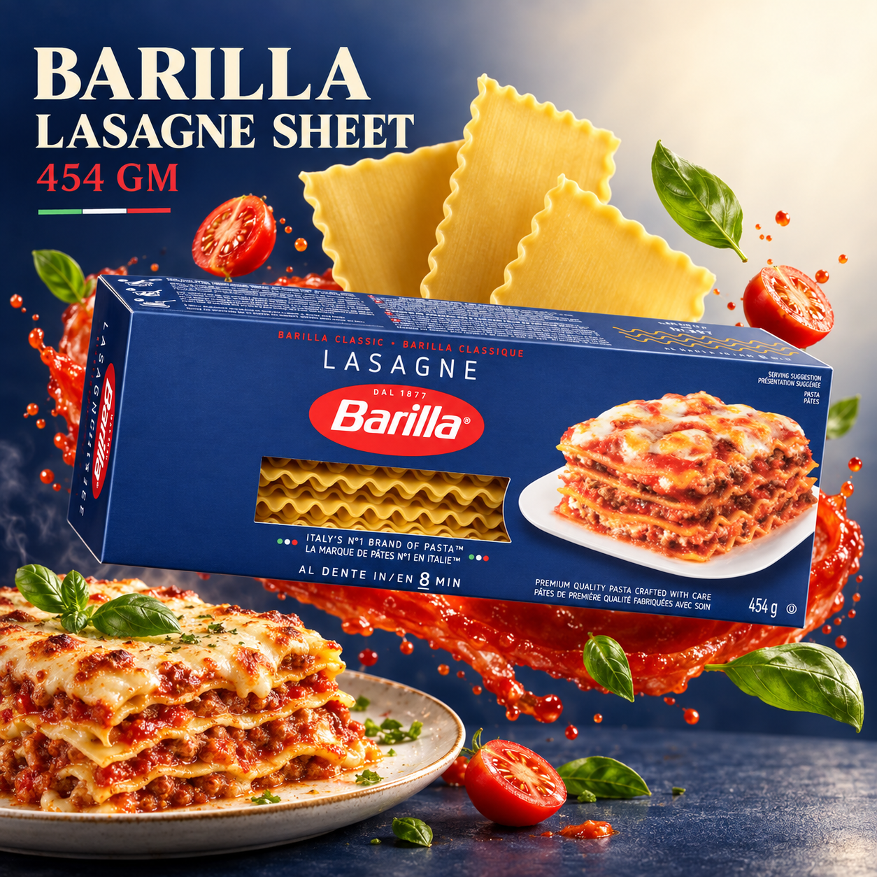Box of Barilla Oven-Ready Lasagne Sheets 454g with dry pasta sheets and finished lasagna dish
