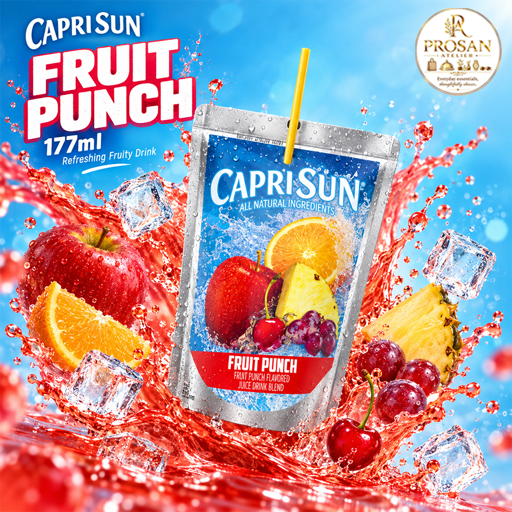 Capri Sun 177ml fruit juice pouch with straw shown against fresh fruit background