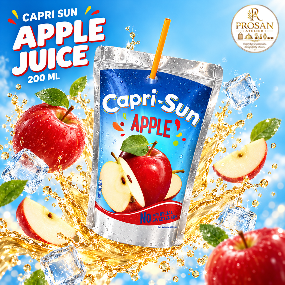 Capri Sun 200ml Apple Juice pouch with straw next to fresh red apples