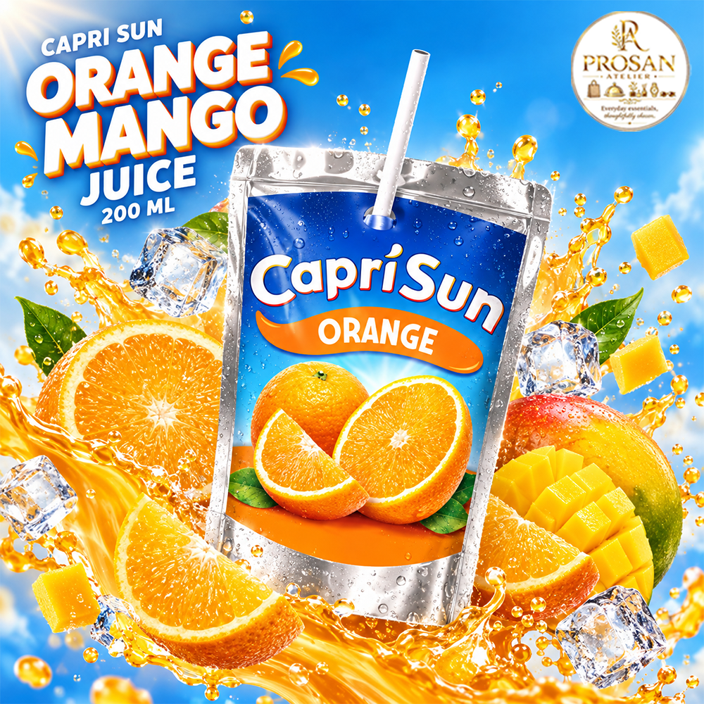 Capri Sun 200ml Orange Mango Juice pouch with straw alongside fresh orange slices and mango pieces