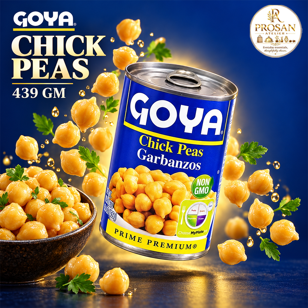 Can of Goya Chick Peas 439g alongside a bowl of prepared garbanzo beans