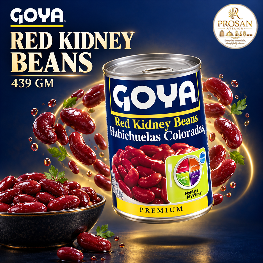 Can of Goya Red Kidney Beans 439g shown next to a bowl of red kidney beans and rice