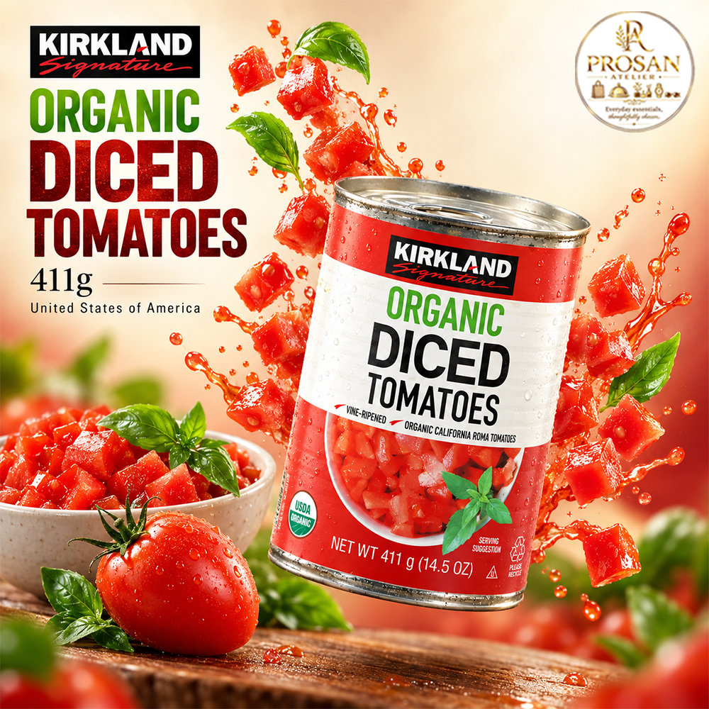 Can of Kirkland Signature Organic Tomato Paste 170g next to fresh ripe red tomatoes