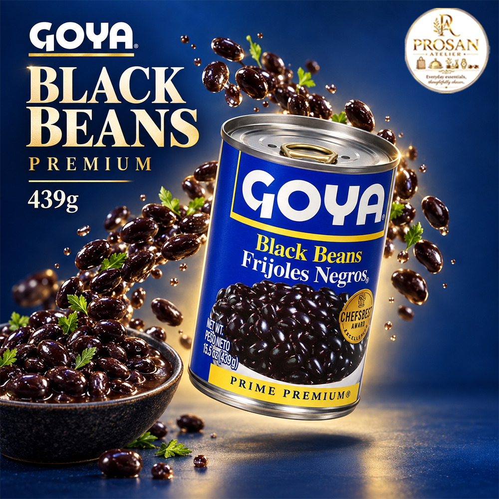 Can of Goya Black Beans 439g shown next to a bowl of cooked black beans and rice