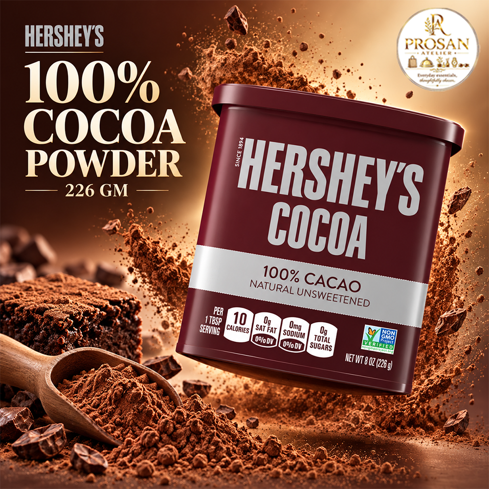 Tub of Hershey's 100% Natural Unsweetened Cocoa Powder 226g with chocolate cake slices