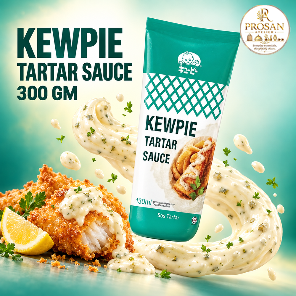 Squeeze bottle of Kewpie Tartar Sauce 300g next to a plate of crispy fried fish and lemon wedges