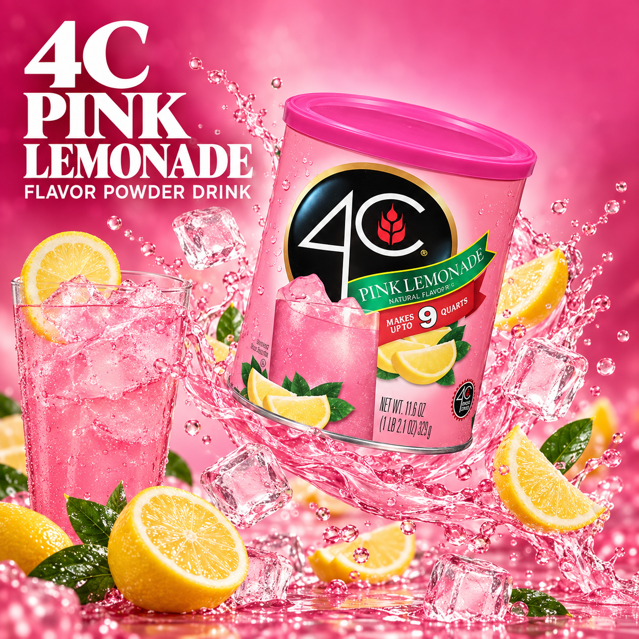 Canister of 4C Pink Lemonade Powder Drink Mix next to a glass of iced pink lemonade