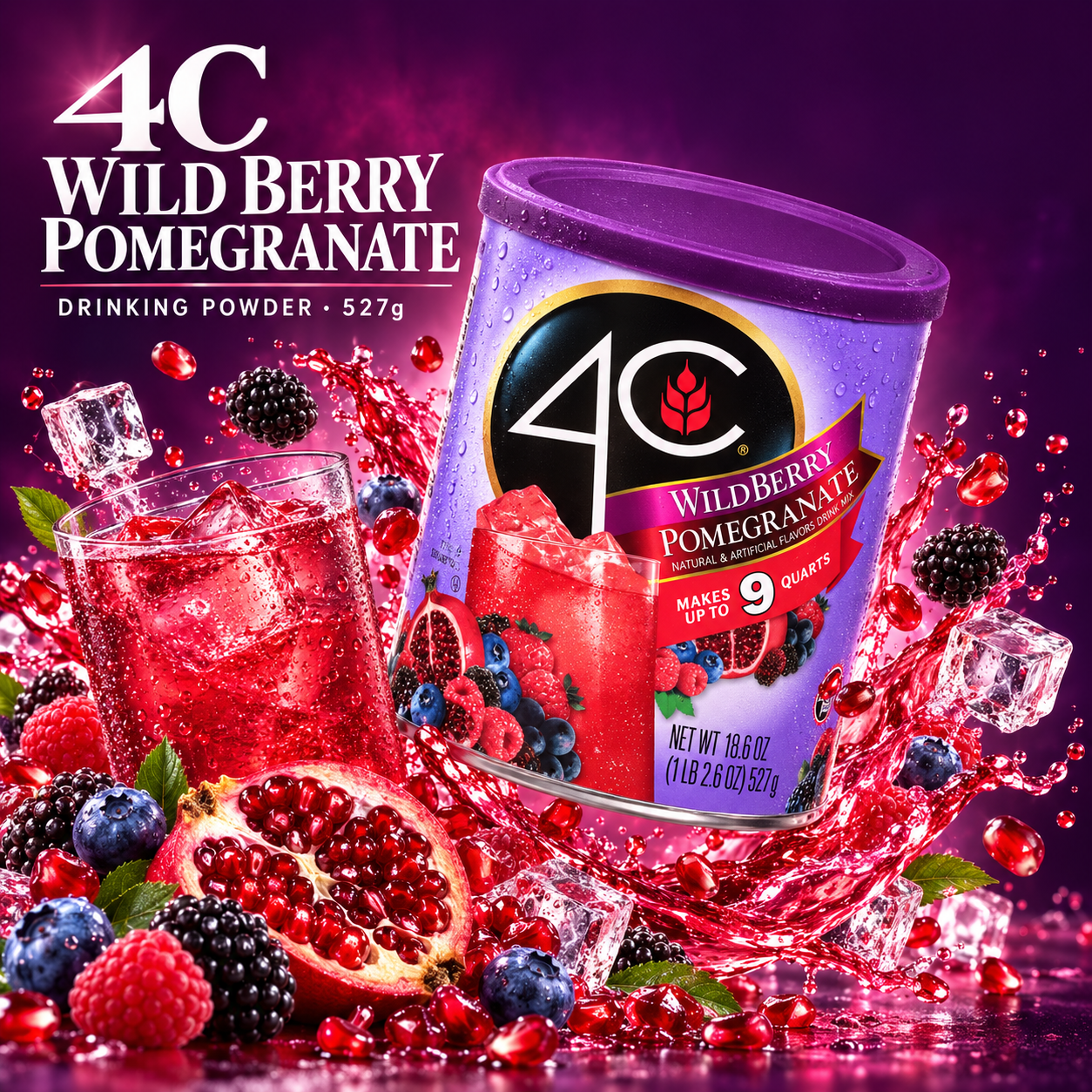 Canister of 4C Wild Berry Pomegranate Powder Drink Mix 527g alongside a glass of iced purple fruit drink